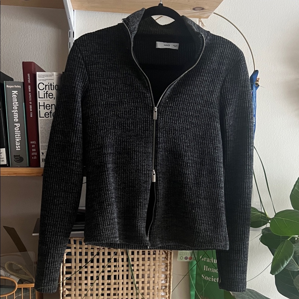 Mango Black Ribbed Zip-Up Jacket